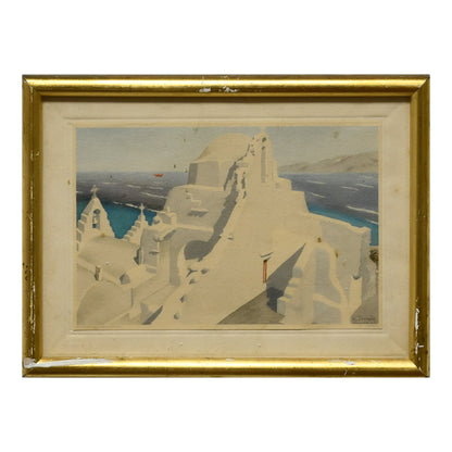 Paysage Grecque gravure Roger Tourte paysage méditerranéen architecture antique collines et nature art graphique
