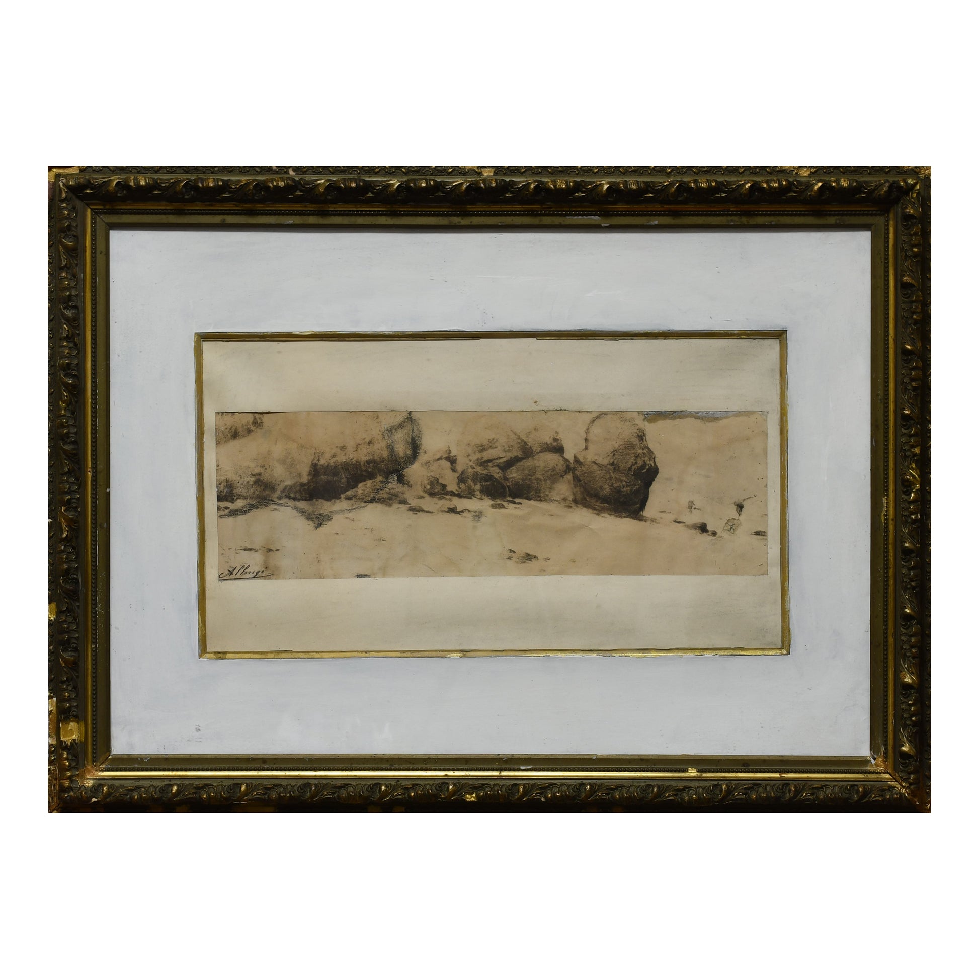 Les rochers dessin fusain Auguste Allongé paysage rocheux art français XIXe siècle 350 euros