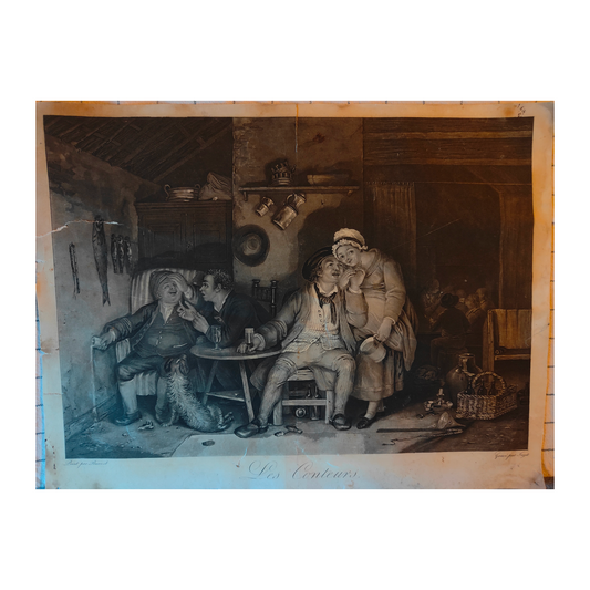 Les Conteurs gravure Burnet gravée par Fase scène narrative personnages racontant histoires art graphique