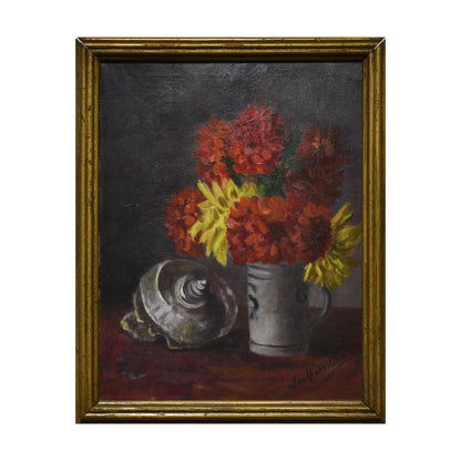 Nature morte aux dahlias huile sur toile signature non reconnue nature morte florale art moderne 300 euros

