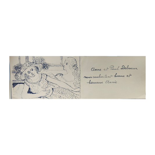 Carte de vœux Les Deux Femmes gravure Paul Delvaux illustration artistique femmes scène urbaine art graphique contemporain

