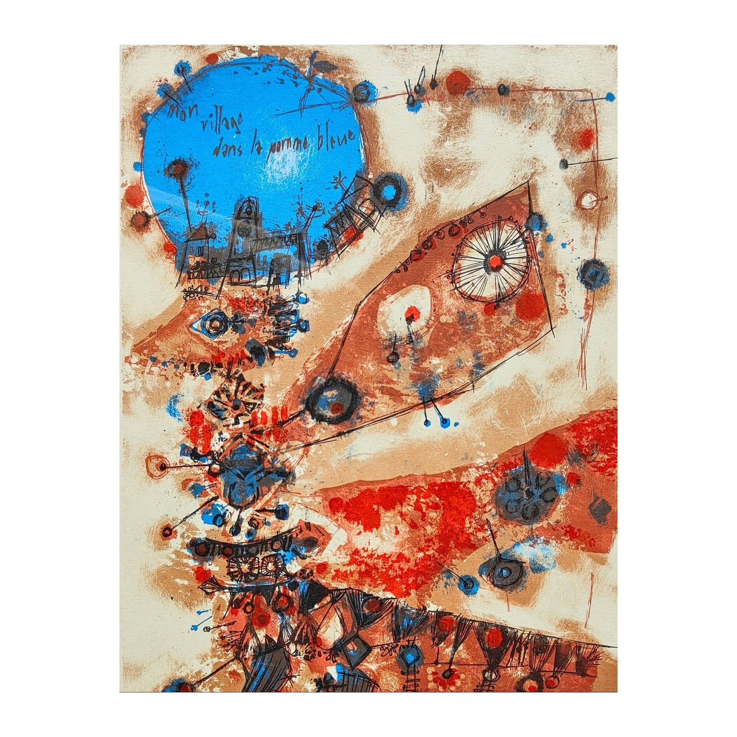 Lithographie couleur de Théo Tobiasse intitulée Mon village dans une pomme, justifiée 15 sur 200, signée au crayon et bien encadrée au format 38 x 57 cm