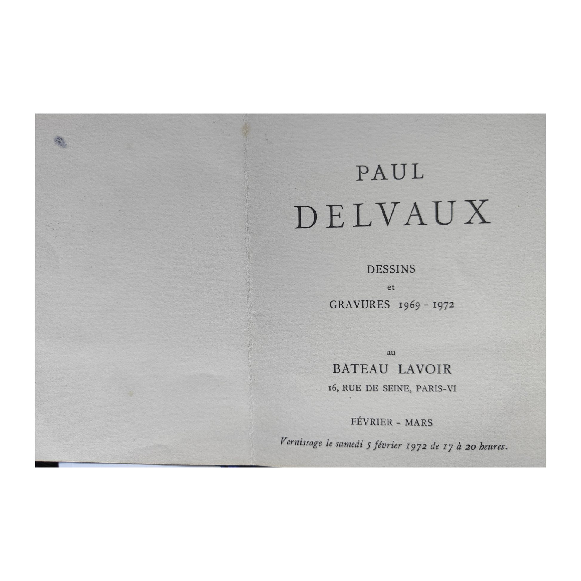 Carte d'invitation exposition 1972 gravure Paul Delvaux illustration artistique vernissage art graphique contemporain
