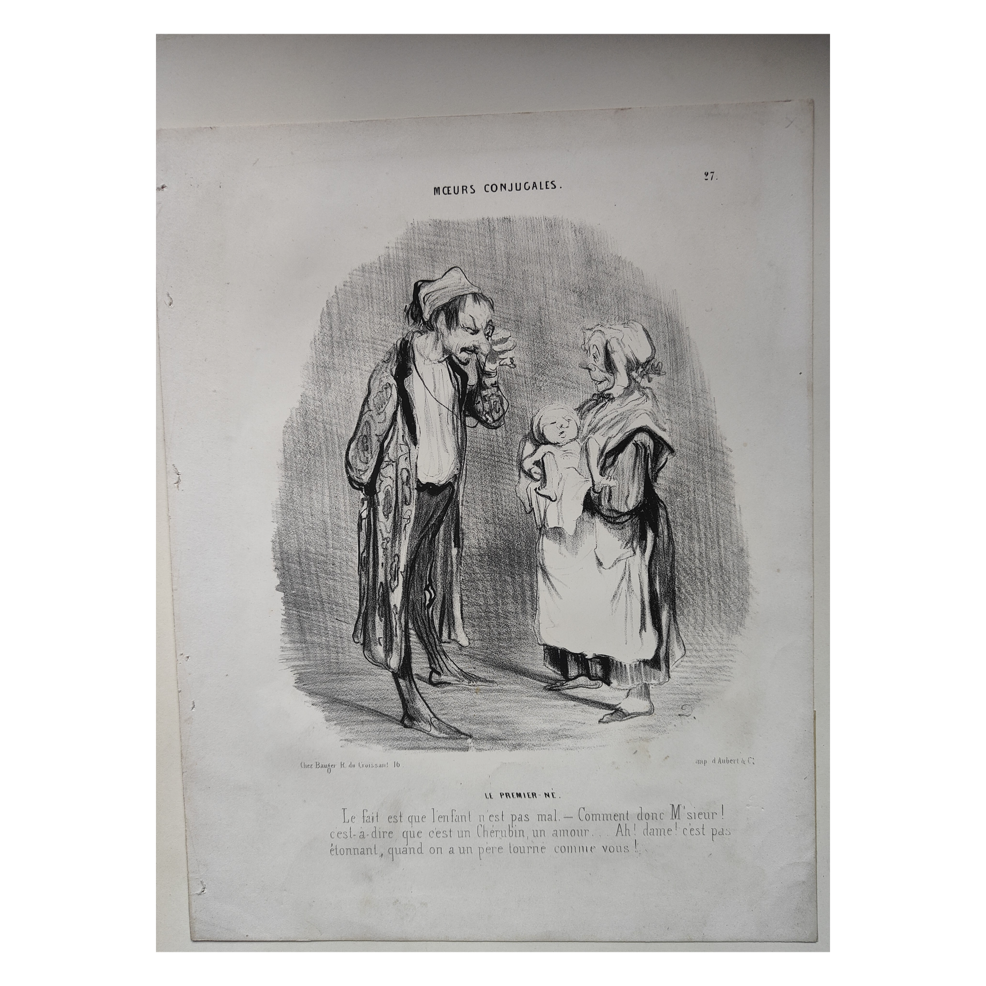 Mœurs Conjugales, Le Premier Né gravure 2e état Honoré Daumier scène familiale naissance enfant caricature art graphique XIXe siècle
