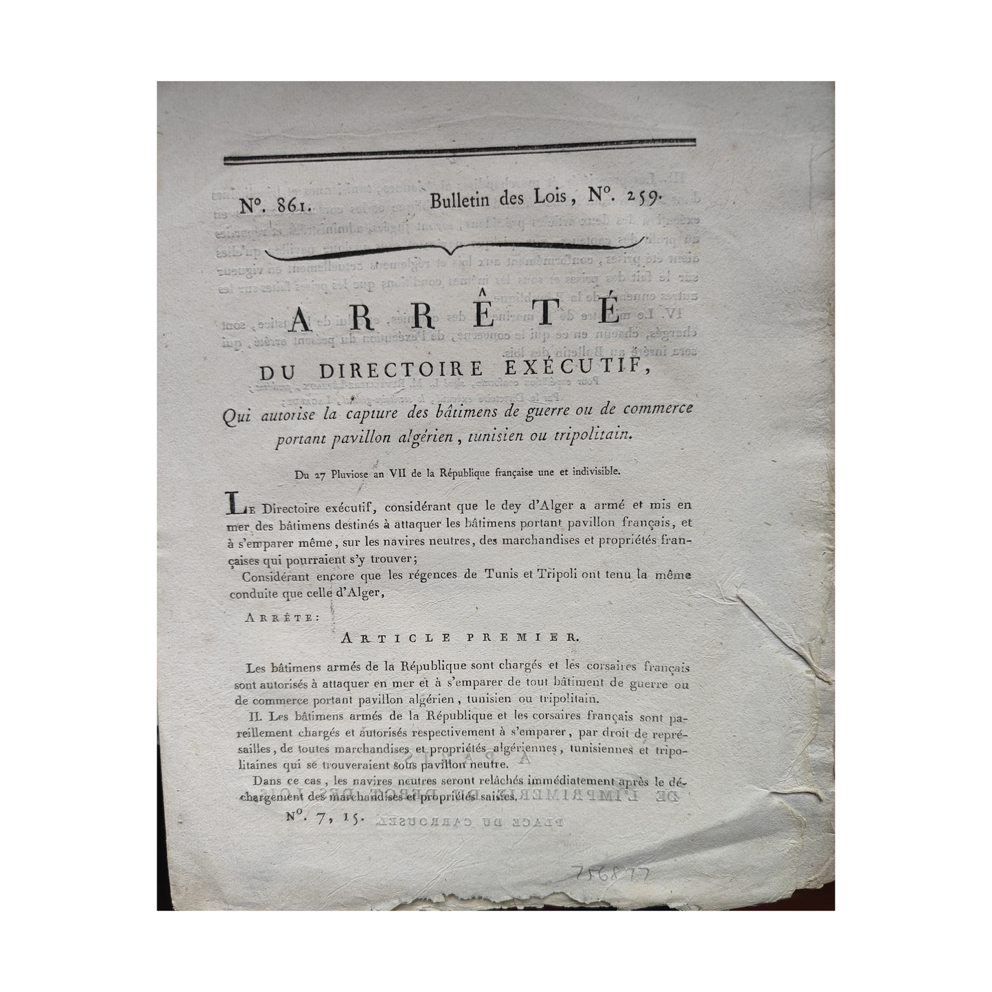 Arrêt du Directoire autorisant la capture des navires d'Afrique du nord document original Directoire 27 pluviose an VII 1799 110 euros