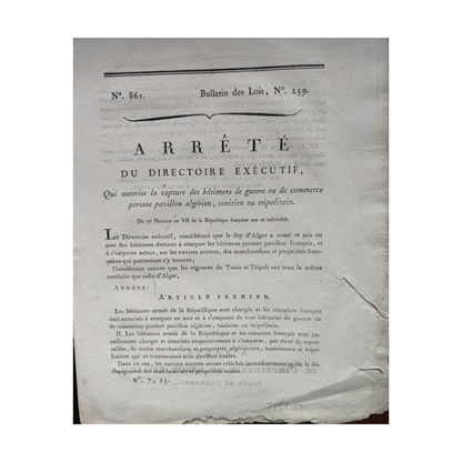 Arrêt du Directoire autorisant la capture des navires d'Afrique du nord document original Directoire 27 pluviose an VII 1799 110 euros