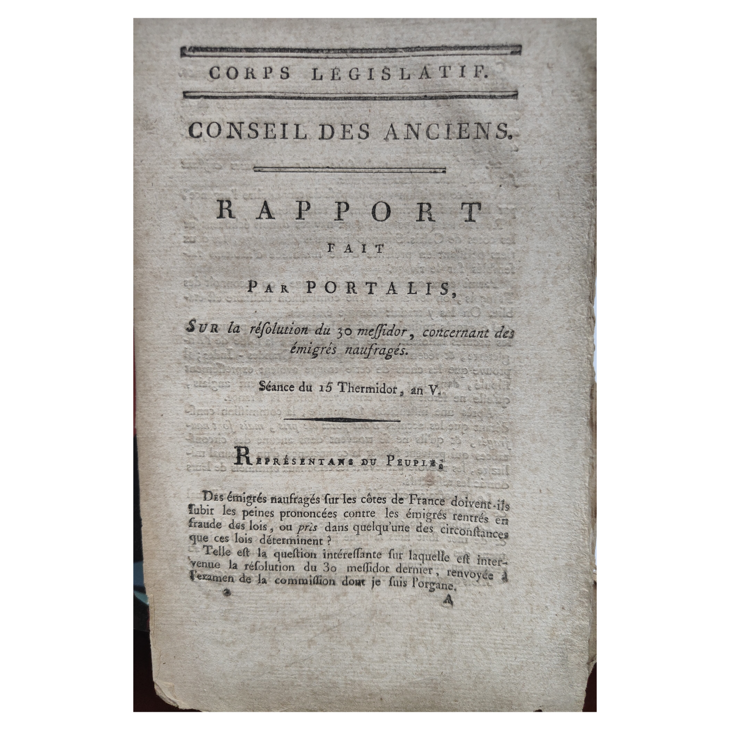 Rapport de Portalis sur les émigrés naufragés document original Conseil des Anciens 15 Thermidor an V révolution française authentique