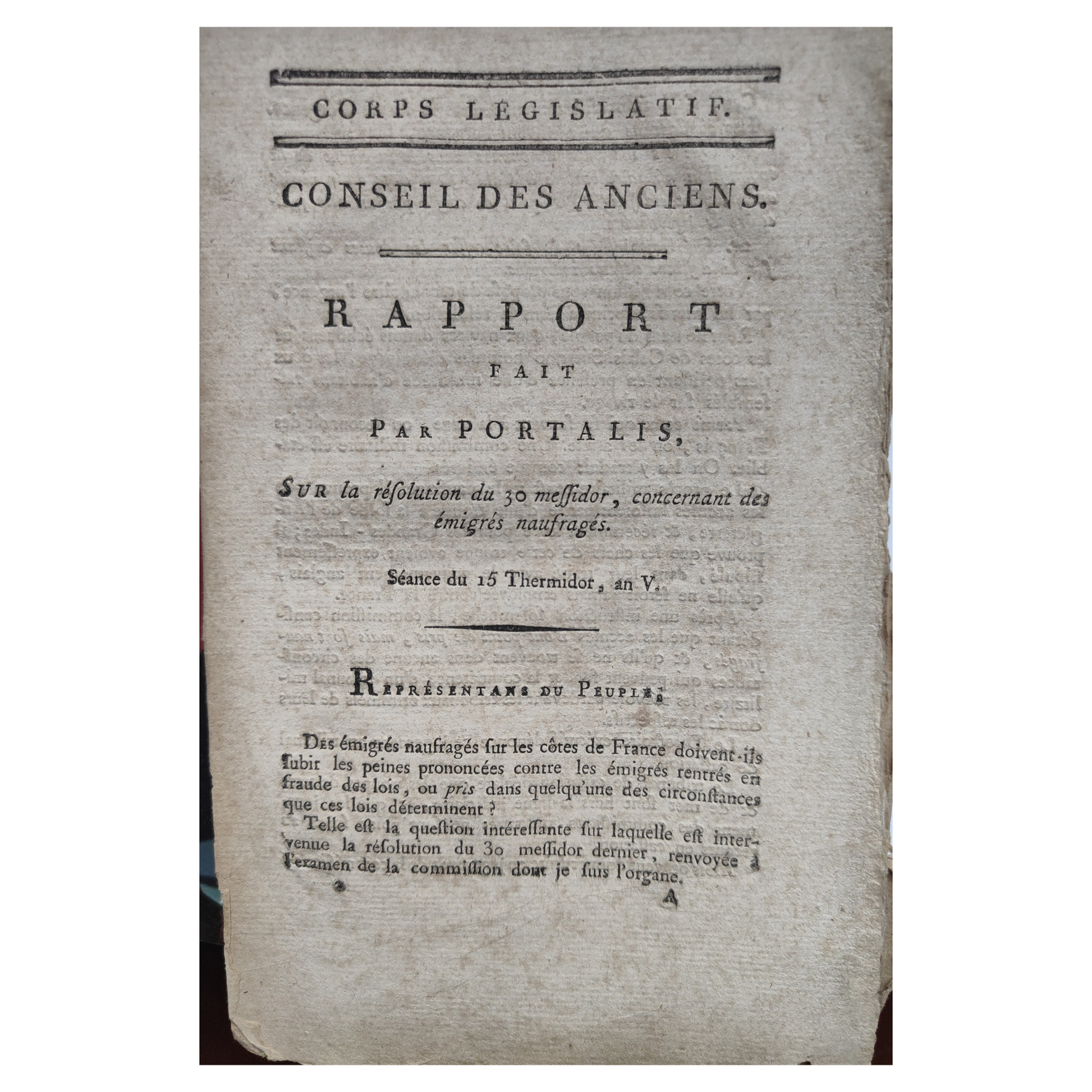 Rapport de Portalis sur les émigrés naufragés document original Conseil des Anciens 15 Thermidor an V révolution française authentique