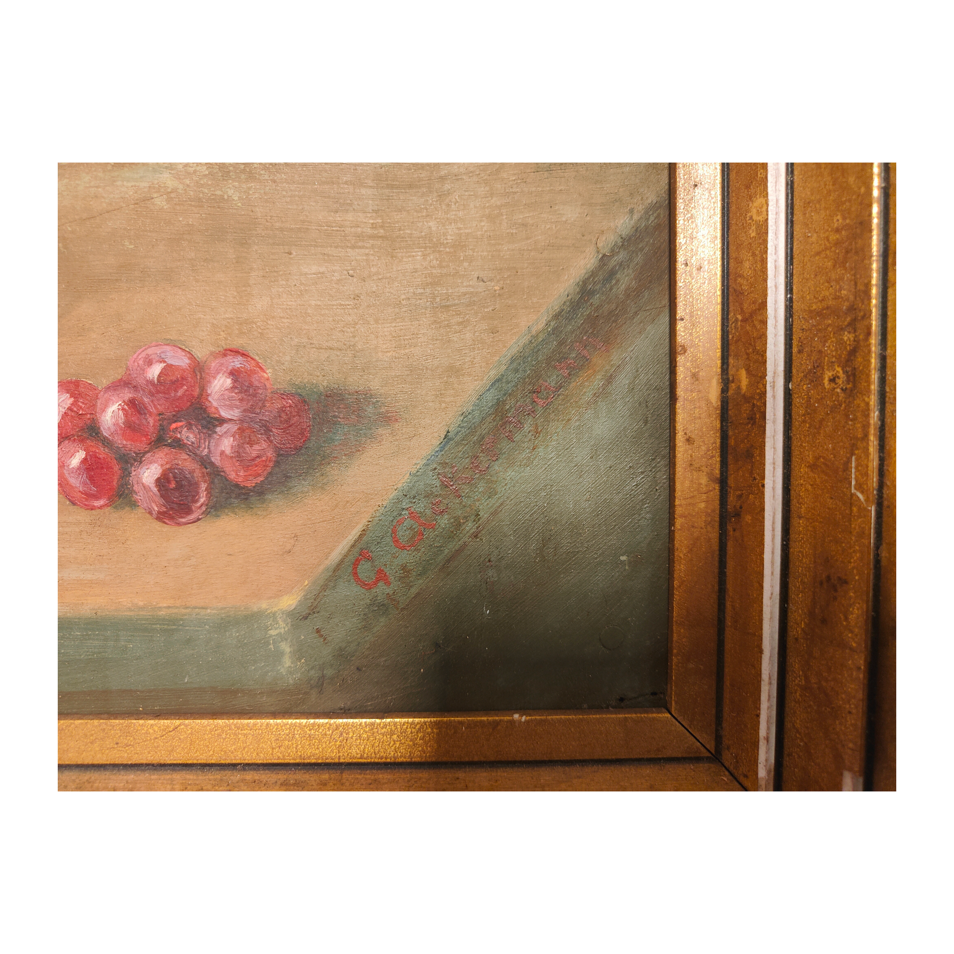 Nature morte huile sur panneau G. Ackermann composition florale fruits peinture classique art figuratif
