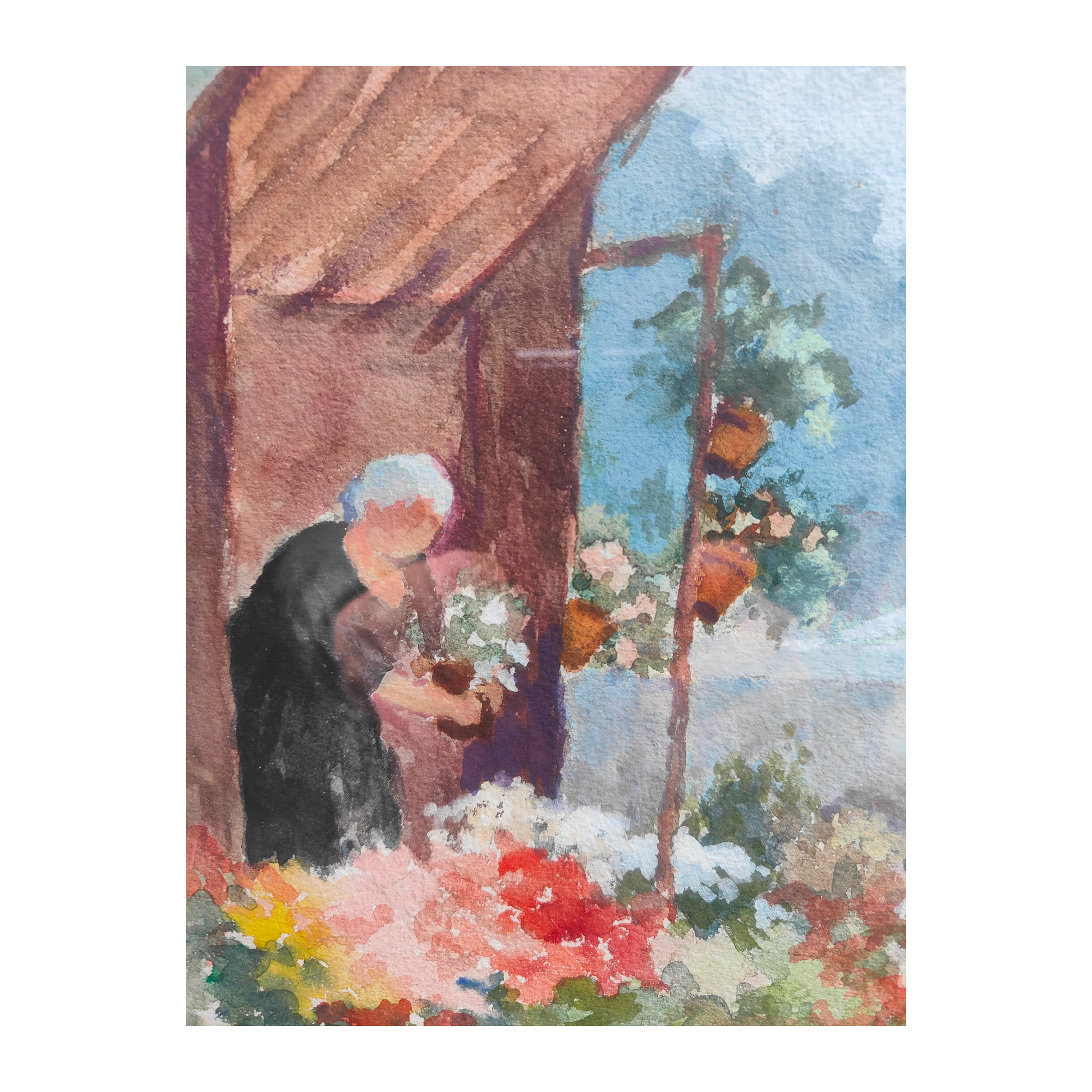 Aquarelle originale La Fleuriste de Jeanine Leblanc sur papier gaufré, œuvre signée et encadrée sous verre, format 40 x 48 cm.
