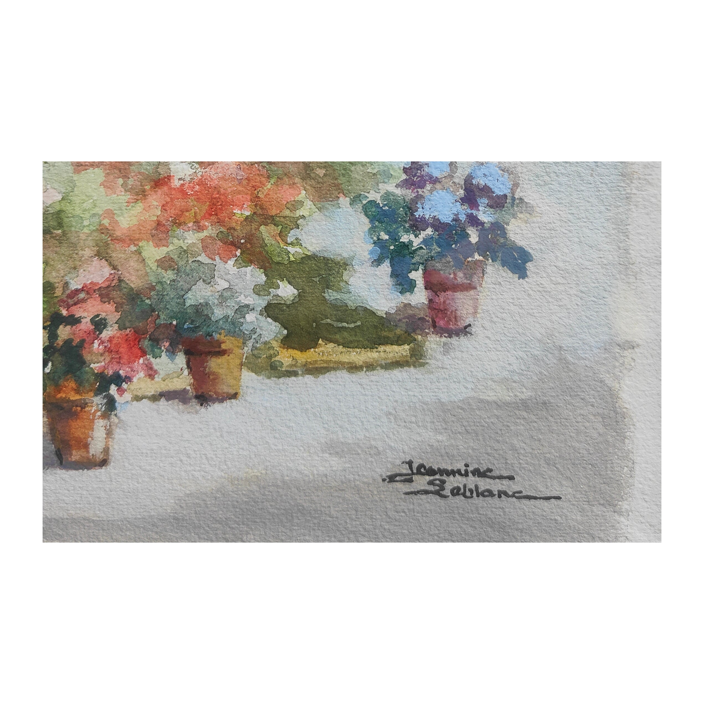 Aquarelle originale La Fleuriste de Jeanine Leblanc sur papier gaufré, œuvre signée et encadrée sous verre, format 40 x 48 cm.