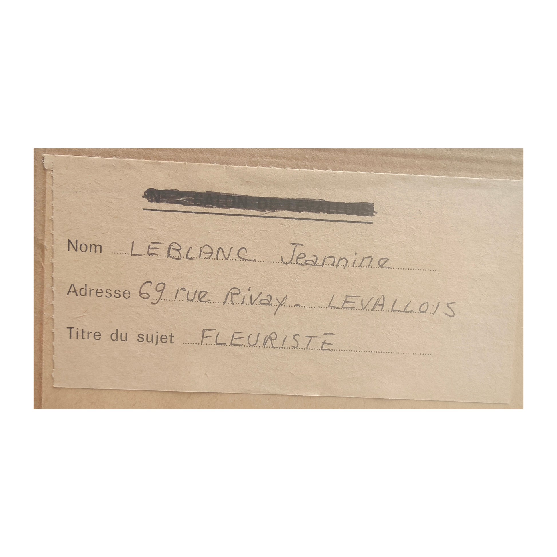 Aquarelle originale La Fleuriste de Jeanine Leblanc sur papier gaufré, œuvre signée et encadrée sous verre, format 40 x 48 cm.