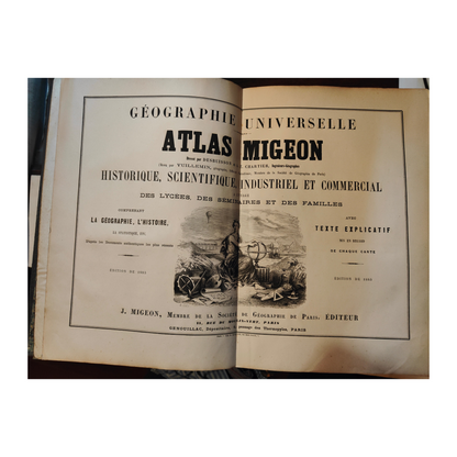 Atlas ancien Migeon Géographie universelle de 1883, grand volume in-folio relié demi-chagrin noir avec dorures, ouvrage historique illustré.