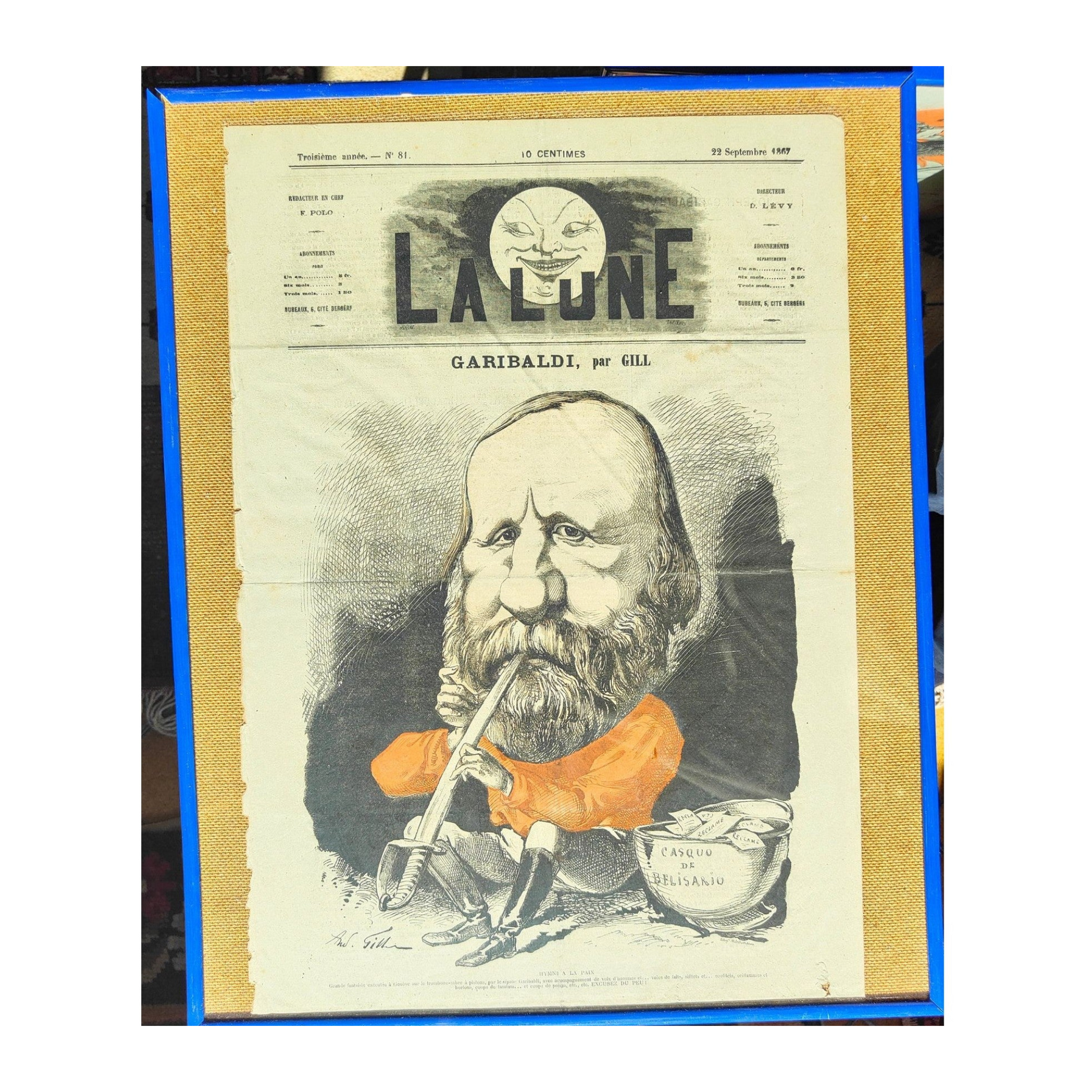 Caricature de Garibaldi en une du journal La Lune, lithographie originale ancienne bien encadrée au format 50 x 40 cm