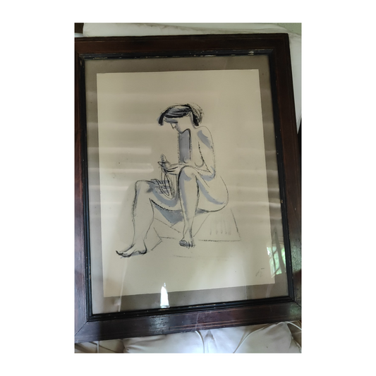 Femme Cousant dessin aquarelle Hans Kinder scène intimiste art moderne allemand 39x50 cm 500 euros