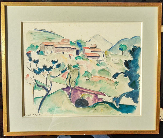 Aquarelle signée de Charles Picart Ledoux intitulée Le Village, représentant un paysage de village, présentée dans un encadrement élégant