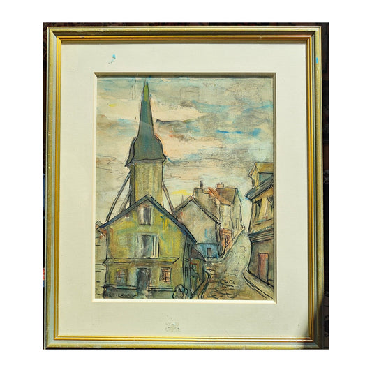 Aquarelle signée d’Albert Lelouch intitulée Le Village, représentant un paysage de village, bien encadrée avec dimensions indiquées cadre compris