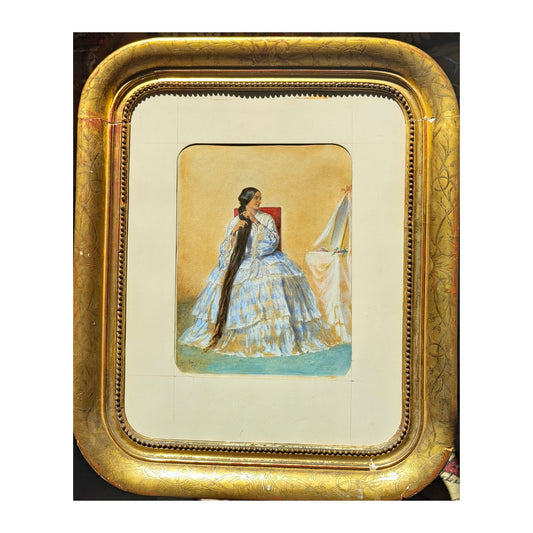 Aquarelle signée d’Auguste Raffet représentant le portrait d’une jeune femme à la longue chevelure, intitulée Portrait à la coiffure et présentée dans un encadrement soigné