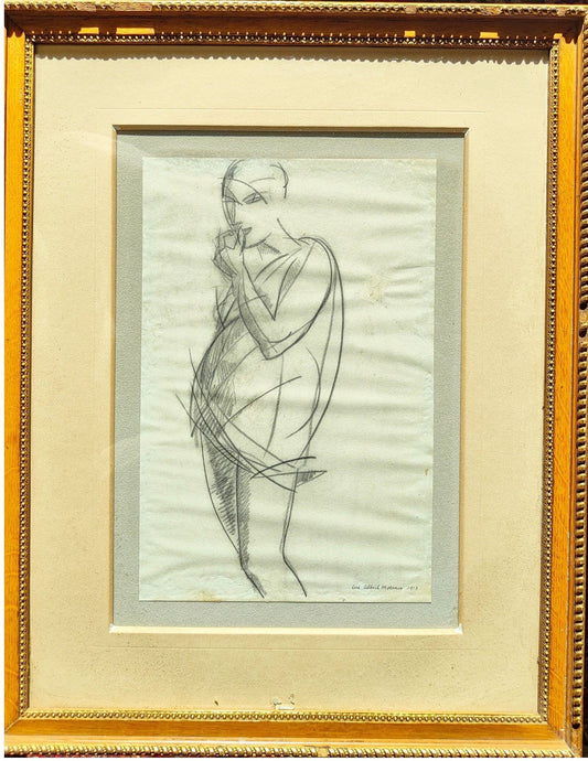 Dessin de 1913 signé par Luc Albert Moreau intitulé Femme enceinte, œuvre encadrée au format 45 x 56 cm, représentant une femme enceinte dans un style moderne