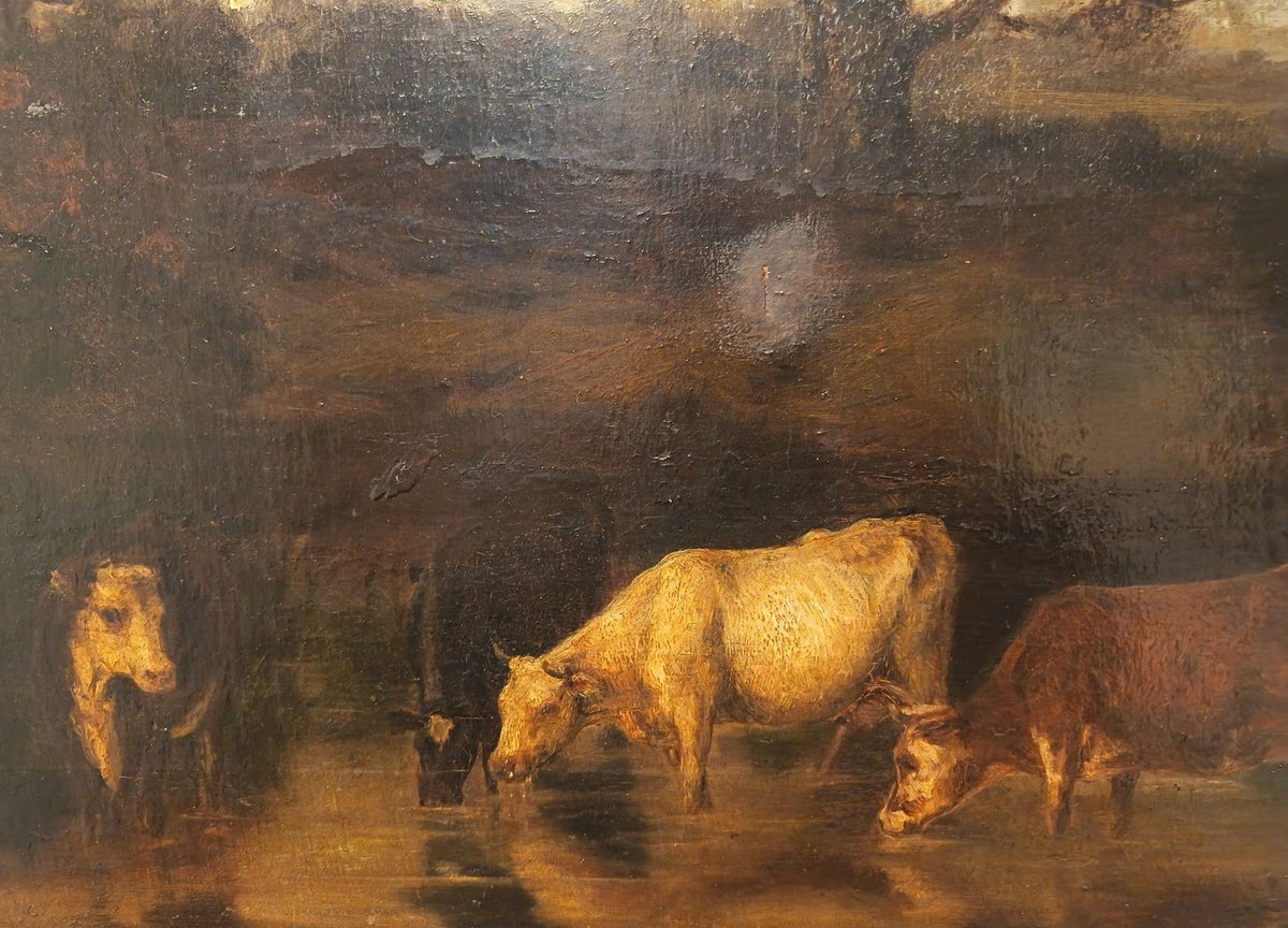 Image traitée - les vaches à l'abreuvoir au crépuscule- huile sur toile - signé Shannon