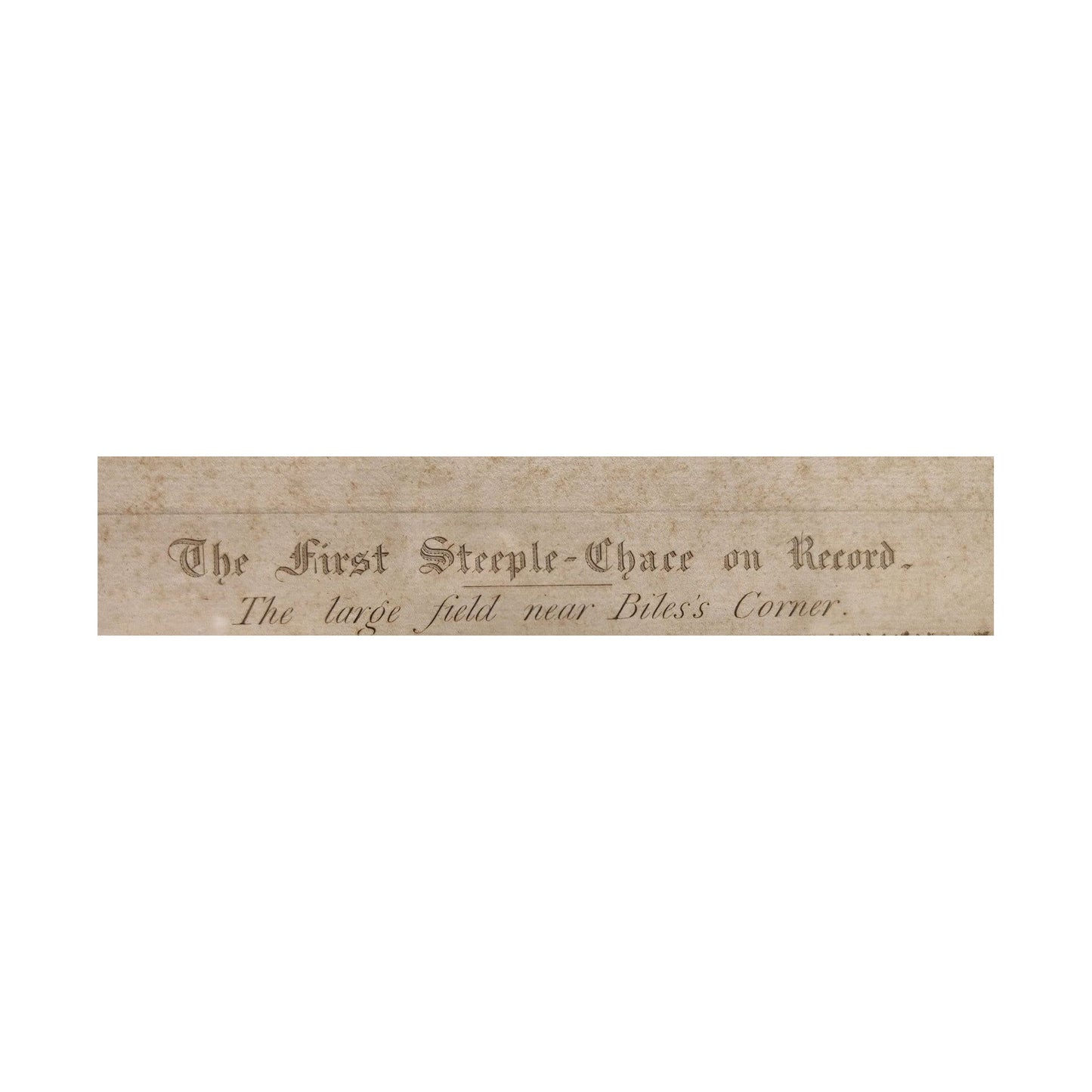 Gravure anglaise ancienne colorisée 1839 The First Steeple Chase on Record, dessin de Henry Alken gravé par Harris, scène de course hippique encadrée avec rousseurs.
