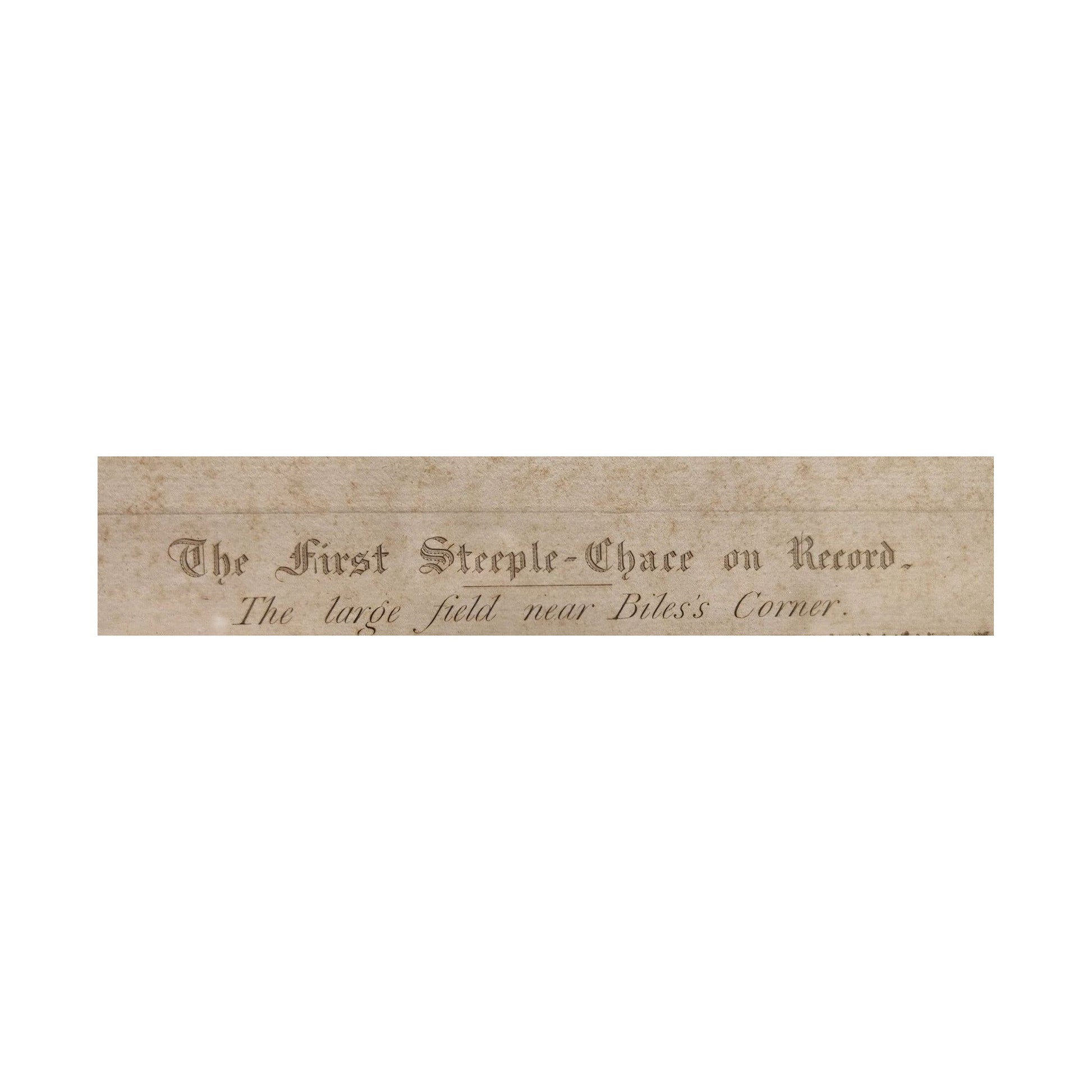 Gravure anglaise ancienne colorisée 1839 The First Steeple Chase on Record, dessin de Henry Alken gravé par Harris, scène de course hippique encadrée avec rousseurs.