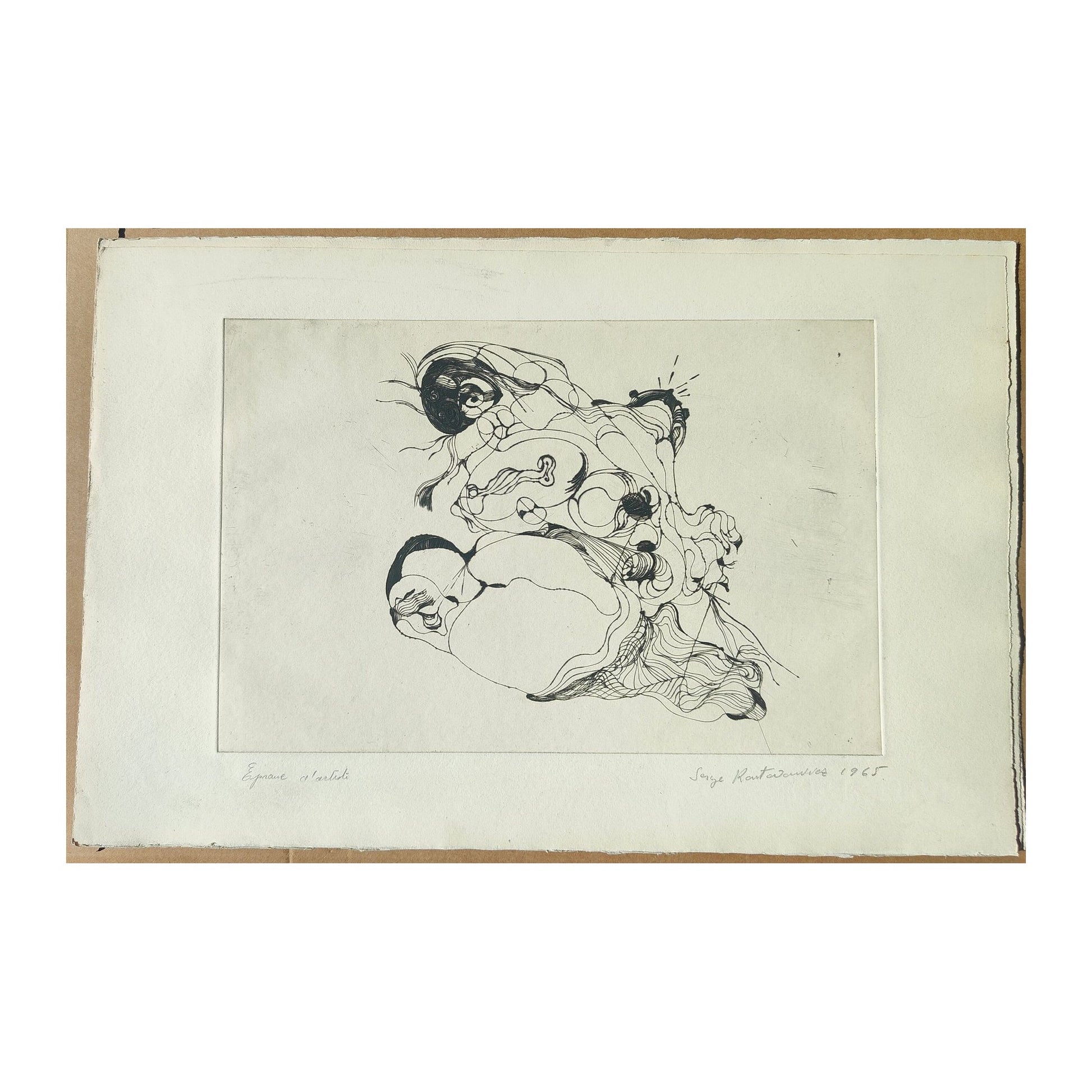 Gravure abstraite en noir et blanc de Serge Kantorowitz, eau-forte originale épreuve d’artiste signée et justifiée