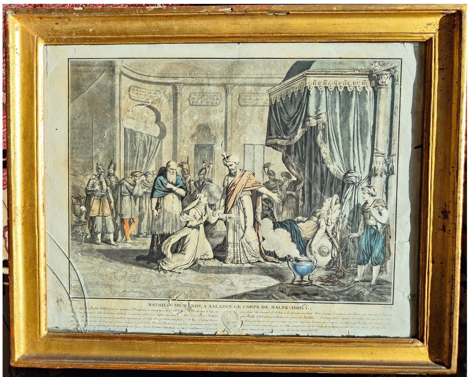 Gravure colorisée du 18e siècle intitulée Mathilde demande à Saladin le corps de Malek Adhel, imprimée par Pierre Michel Alix, encadrée sous verre 44 x 55 cm avec vitre à remplacer