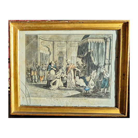 Gravure colorisée du 18e siècle intitulée Mathilde demande à Saladin le corps de Malek Adhel, imprimée par Pierre Michel Alix, encadrée sous verre 44 x 55 cm avec vitre à remplacer