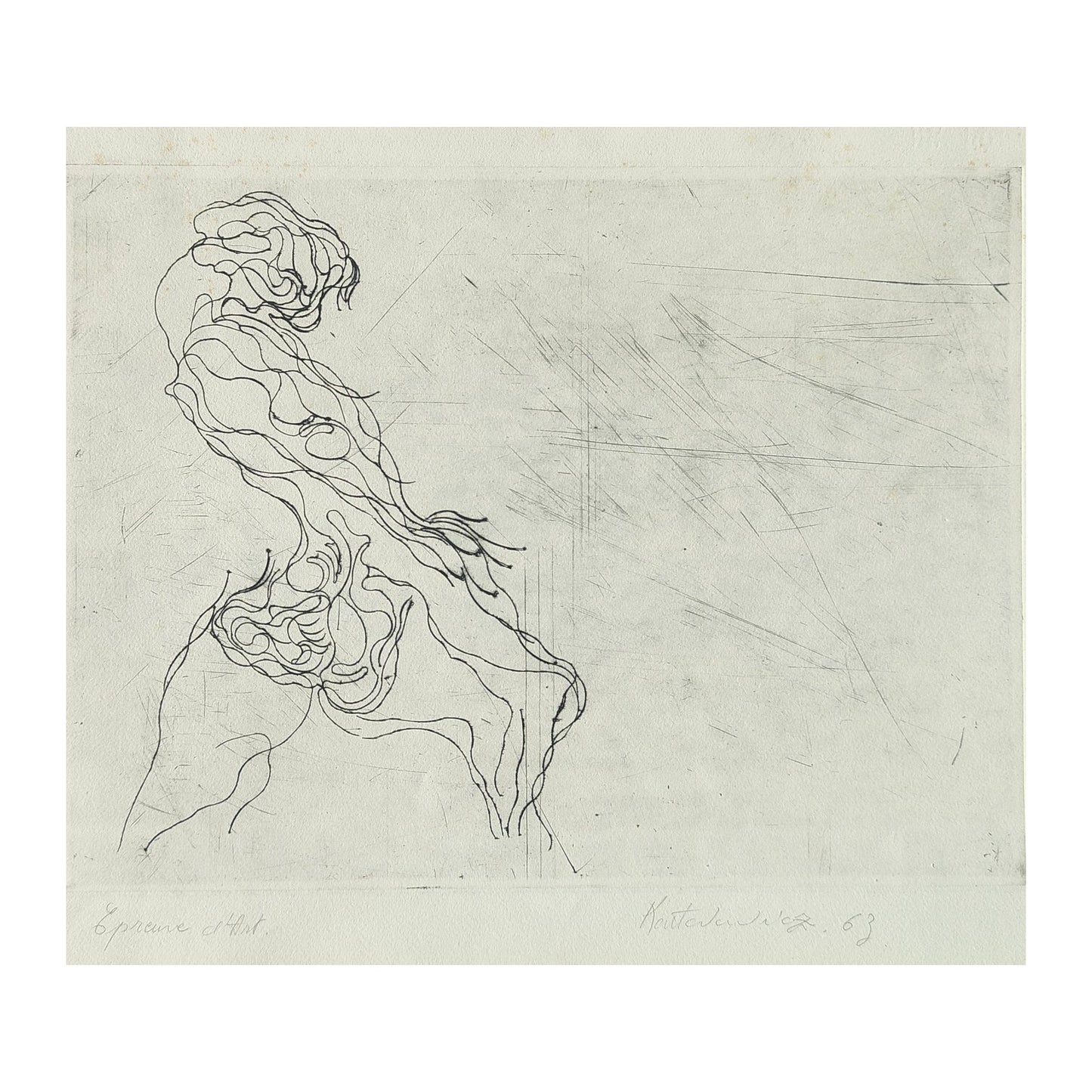 Gravure abstraite en noir et blanc de Serge Kantorowitz, eau-forte originale épreuve d’artiste signée et justifiée