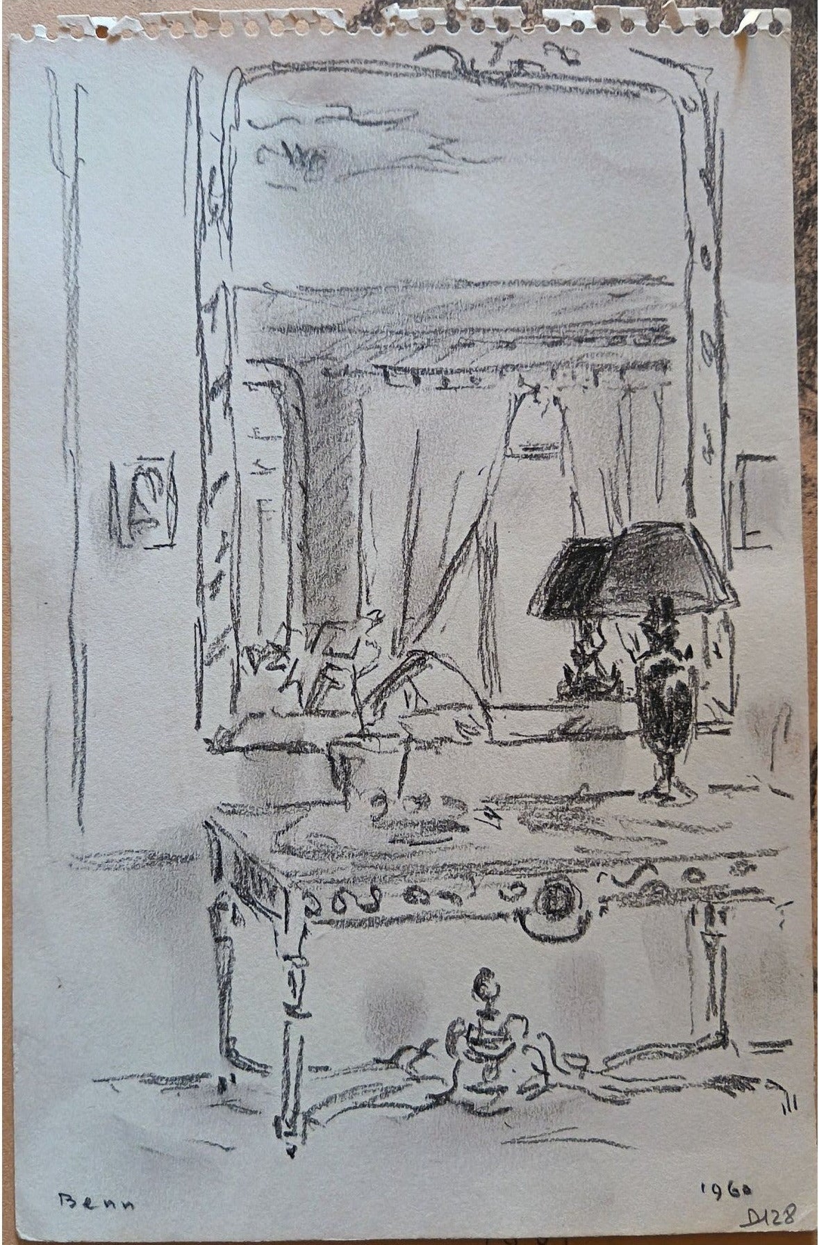 Dessin sur carnet d’étude de Benn intitulé Intérieur, scène intérieure au trait fin, œuvre non encadrée au format 16 x 24 cm