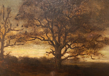 Image traitée - les vaches à l'abreuvoir au crépuscule- huile sur toile - signé Shannon