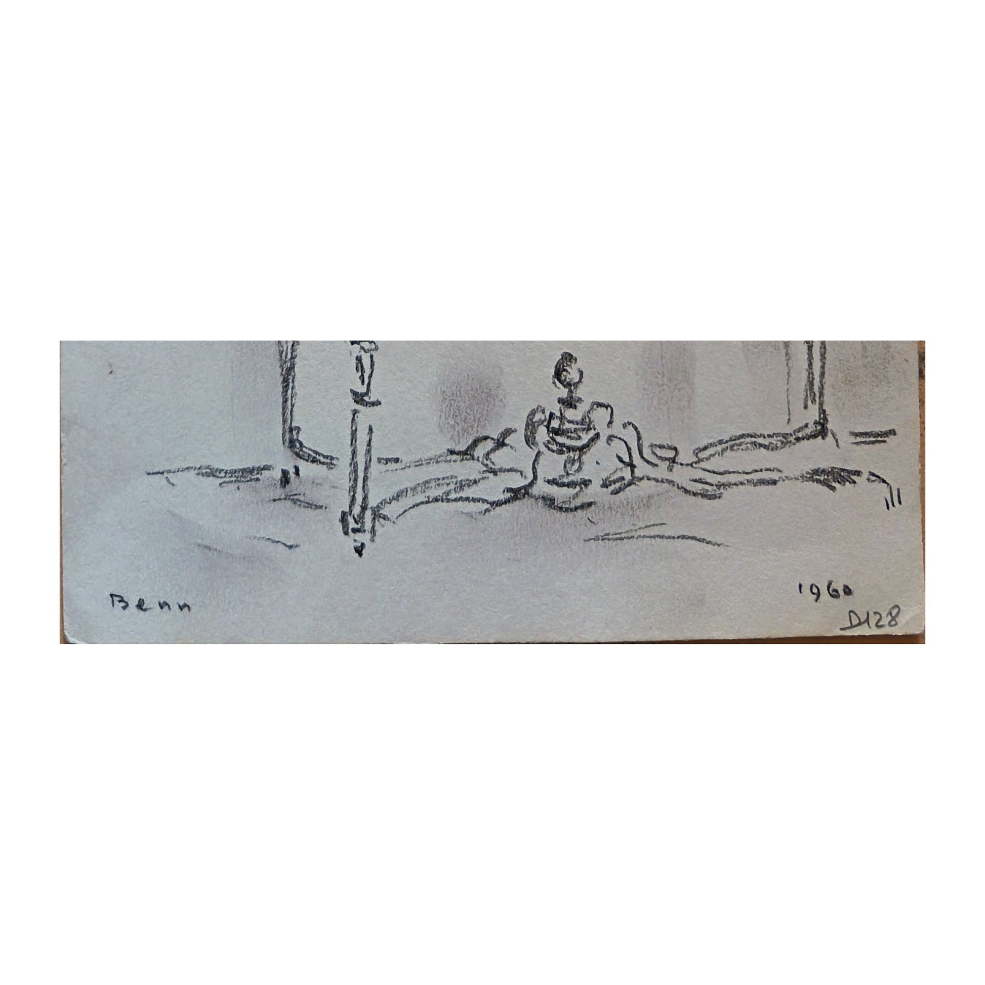 Dessin sur carnet d’étude de Benn intitulé Intérieur, scène intérieure au trait fin, œuvre non encadrée au format 16 x 24 cm