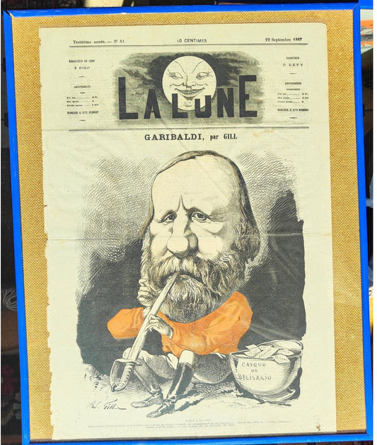 Caricature de Garibaldi en une du journal La Lune, lithographie originale ancienne bien encadrée au format 50 x 40 cm