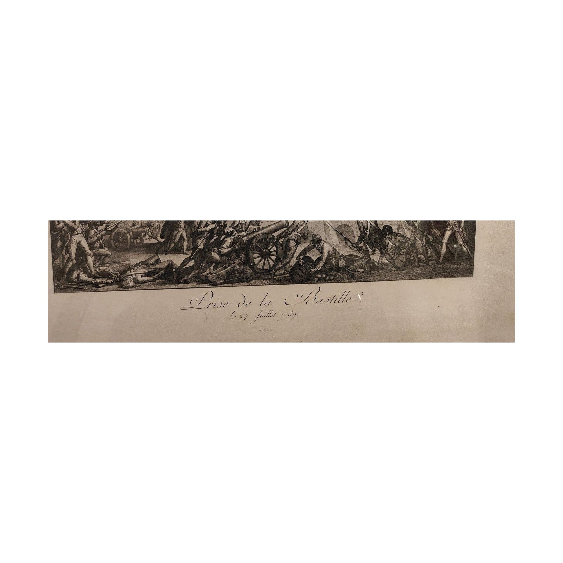 Grande gravure ancienne de la Prise de la Bastille, impression C. Chardon XIXe siècle, estampe historique française grand format encadrée sous verre.