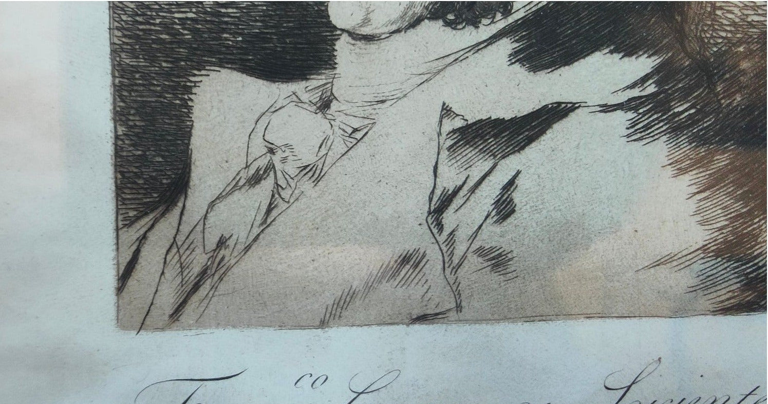 Image traitée - Eau-forte de Francisco de Goya autoportrait- les caprices– Cadre ancien XIXe