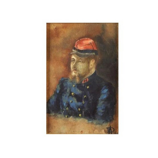 Aquarelle ancienne Soldat du 88ᵉ de ligne, monogrammée AD, début XXᵉ siècle, petite scène militaire authentique et délicate, format 14 × 19,5 cm.