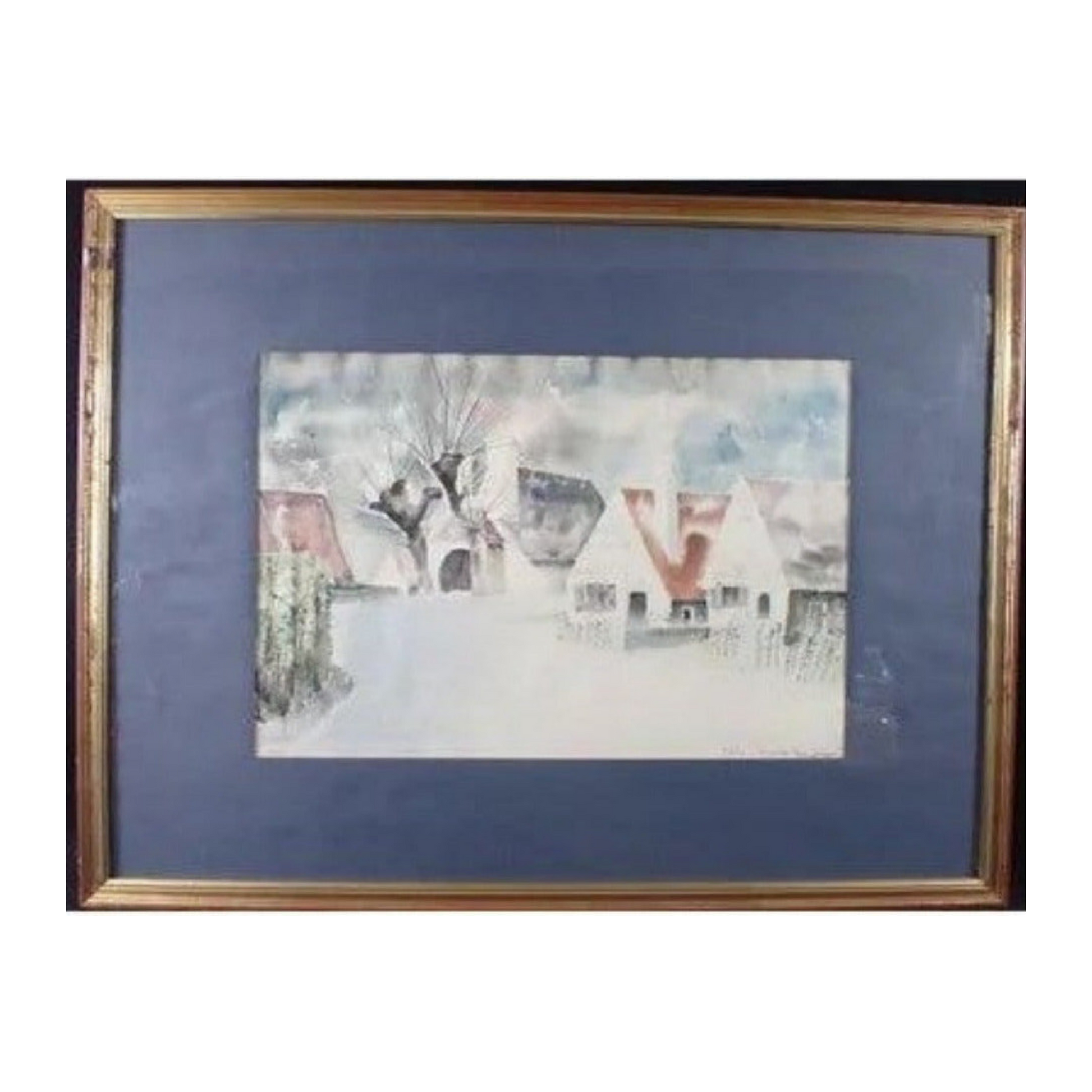 Aquarelle originale Les toits en Orléanais de Pierre Jacquot, signée et datée 1977, œuvre lumineuse et raffinée d’un peintre nancéien reconnu, encadrée avec soin.