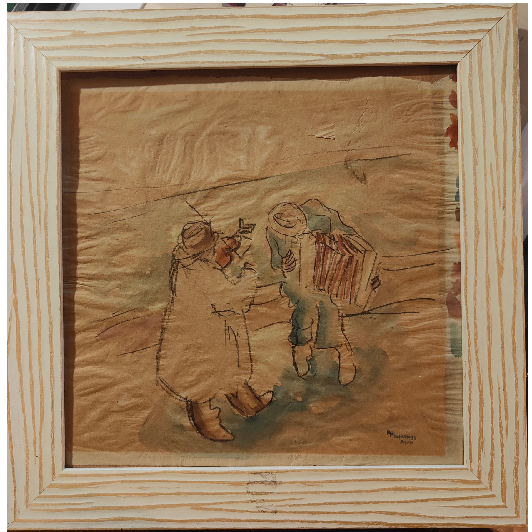 Aquarelle originale Musiciens de rue à Paris datée de 1934, signée mais non déchiffrée, scène parisienne vivante et colorée, œuvre encadrée sans verre.