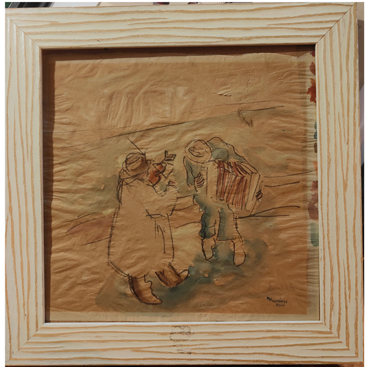 Aquarelle originale Musiciens de rue à Paris datée de 1934, signée mais non déchiffrée, scène parisienne vivante et colorée, œuvre encadrée sans verre.