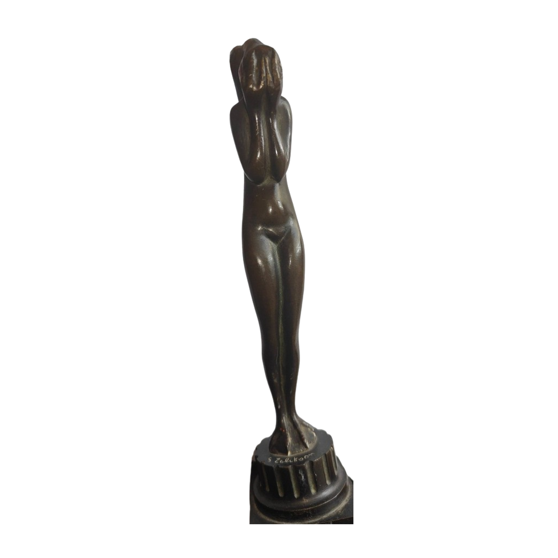 Bronze Leda de Serge Zelikson, sculpture raffinée à patine brune, signée sur la terrasse, œuvre élégante et rare de 23 cm de haut, poids 666 g.