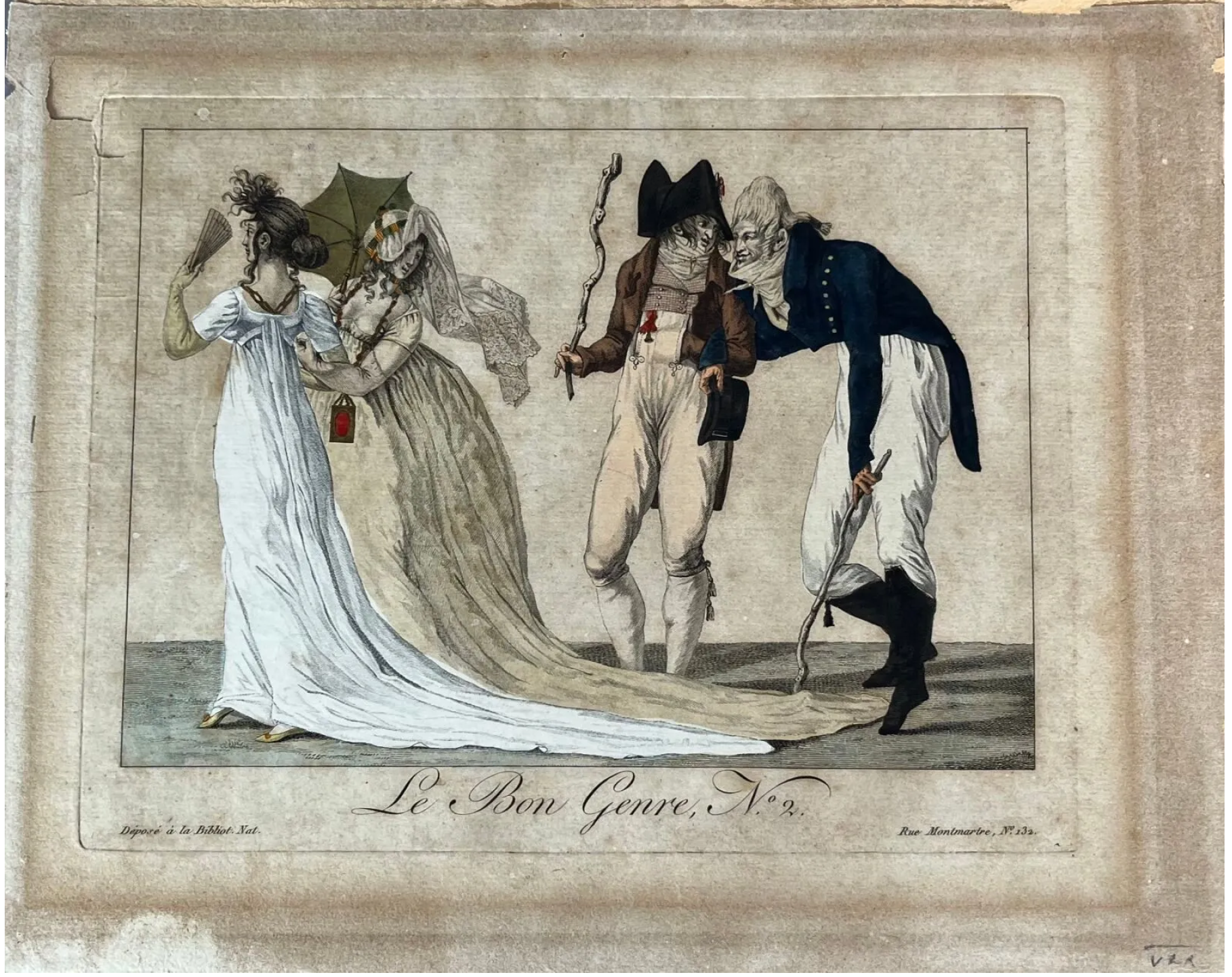 Gravure ancienne Le Bon Genre n°2 (1801), scène de mœurs colorée à la main, imprimée rue Montmartre puis rééditée en 1931, pièce rare et historique