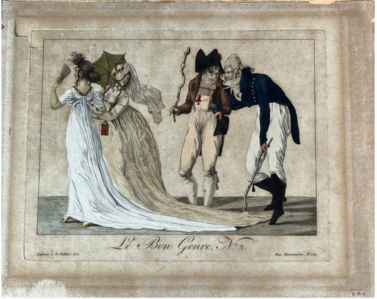 Gravure ancienne Le Bon Genre n°2 (1801), scène de mœurs colorée à la main, imprimée rue Montmartre puis rééditée en 1931, pièce rare et historique
