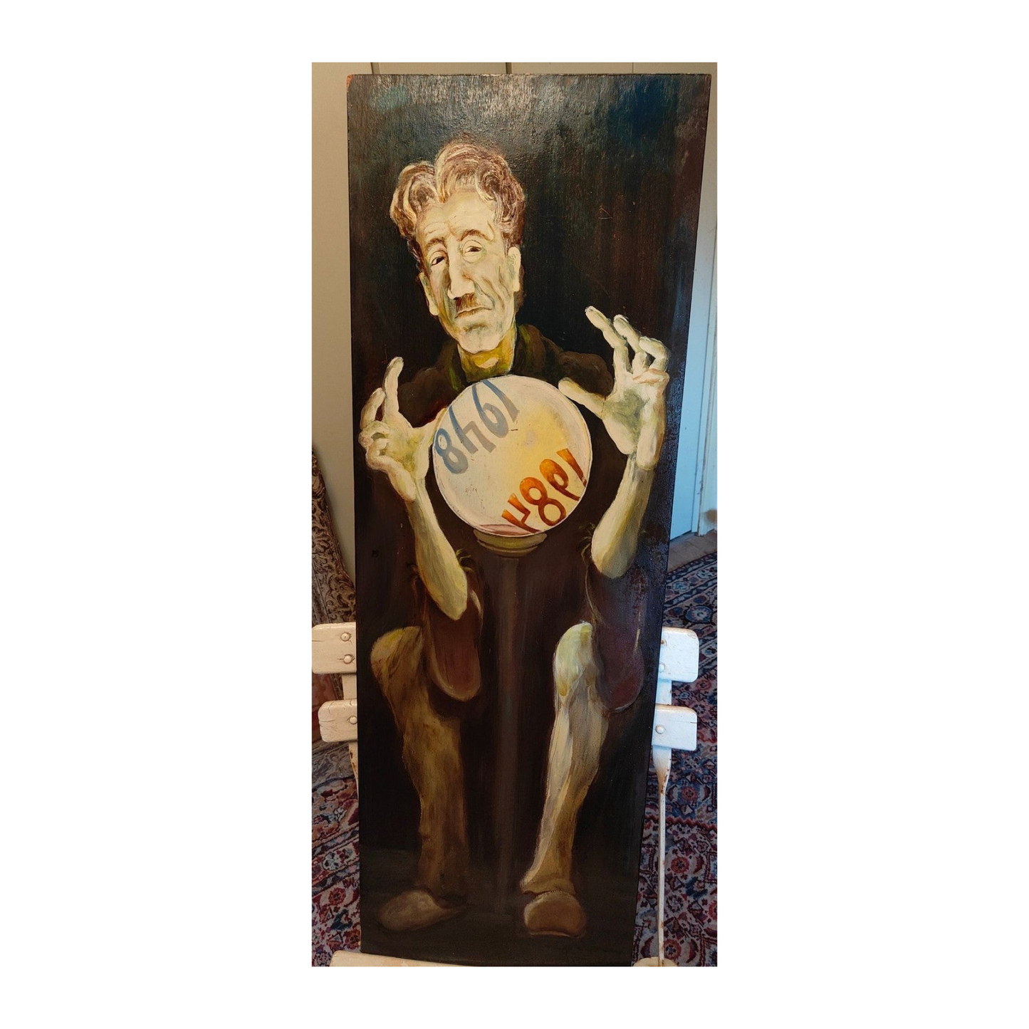 Huile sur panneau de bois représentant un portrait allégorique de George Orwell, inspiré du roman 1984, œuvre signée Richters, composition forte et symbolique.