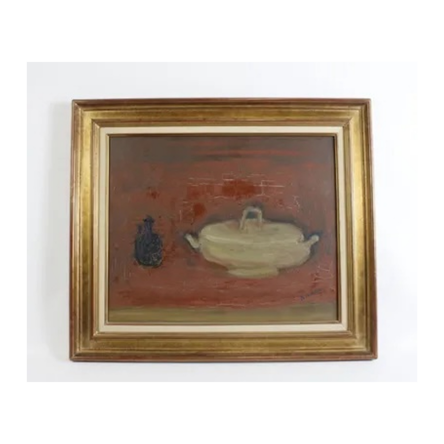 Huile sur toile Fond rouge de Zingaro Astolfon, signée en bas à droite et titrée/contresignée/datée au dos, œuvre intense et originale de 1984.