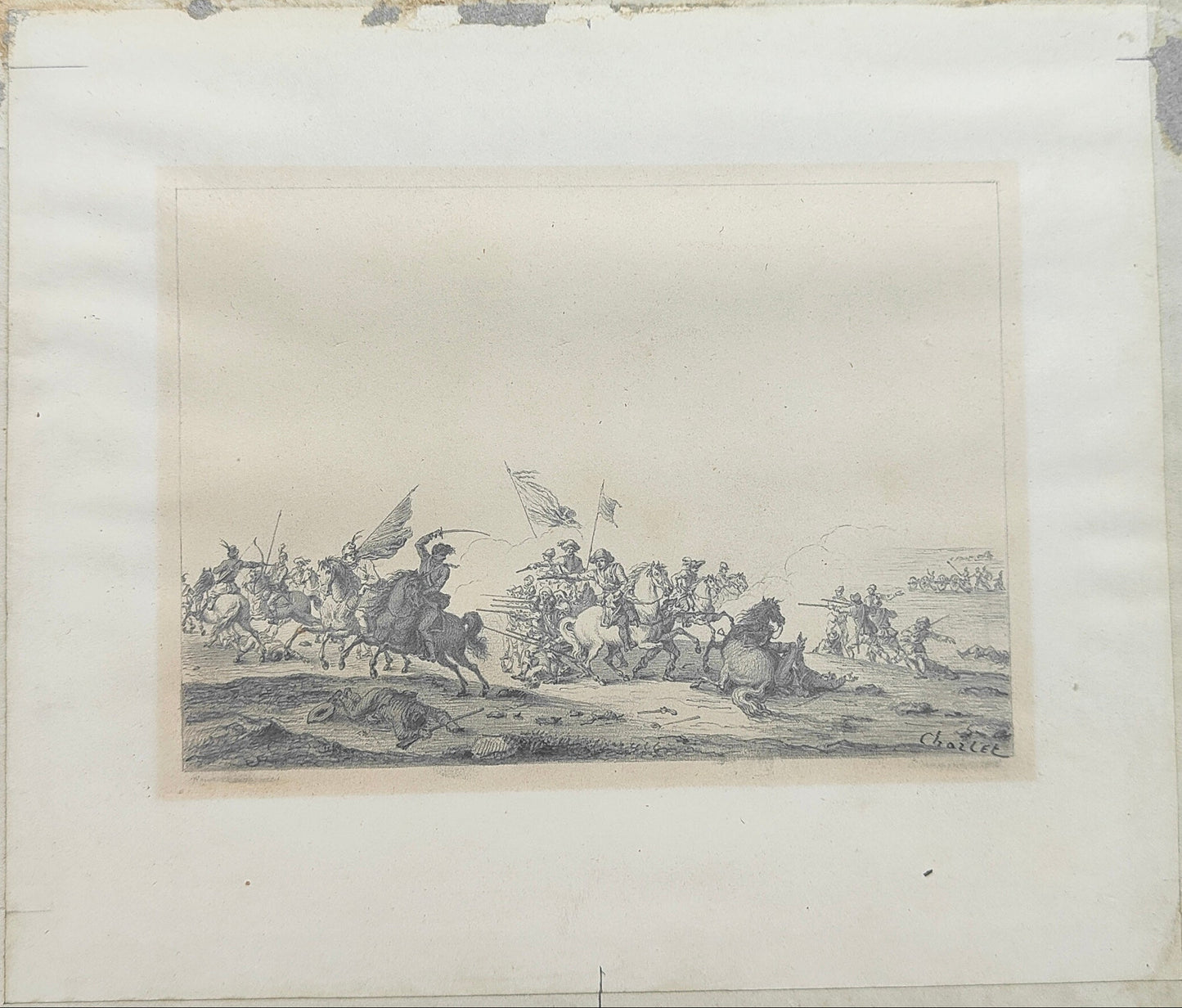 Nicolas-Toussaint CHARLET (1792-1845) – Choc de cavalerie contre les troupes russes (Cosaques et Bachkirs) – Dessin original au graphite.