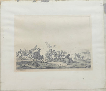 Nicolas-Toussaint CHARLET (1792-1845) – Choc de cavalerie contre les troupes russes (Cosaques et Bachkirs) – Dessin original au graphite.