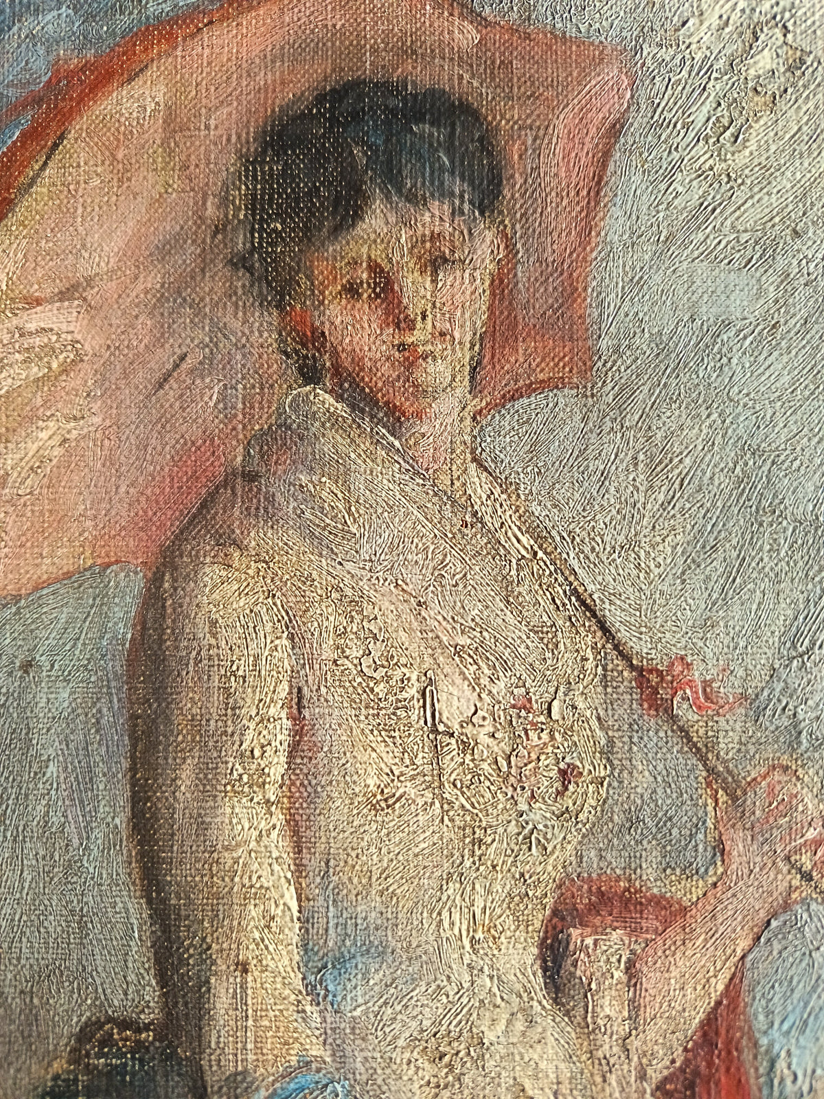 femme à l'ombrelle et aux fleurs-huile sur toile non signée