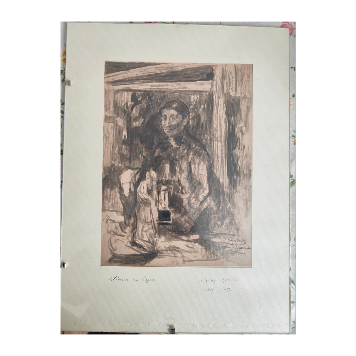 Lavis d’encre de Chine Mineur au repos de Jules Adler, œuvre émouvante et expressive du peintre social, pièce authentique idéale pour collectionneur d’art.