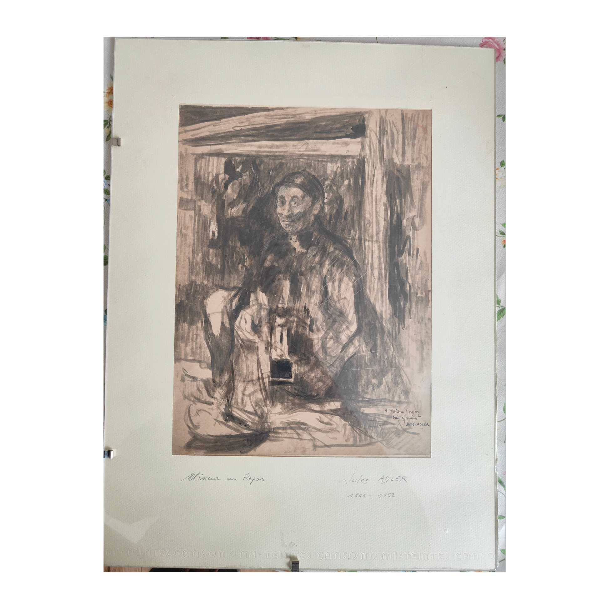 Lavis d’encre de Chine Mineur au repos de Jules Adler, œuvre émouvante et expressive du peintre social, pièce authentique idéale pour collectionneur d’art.